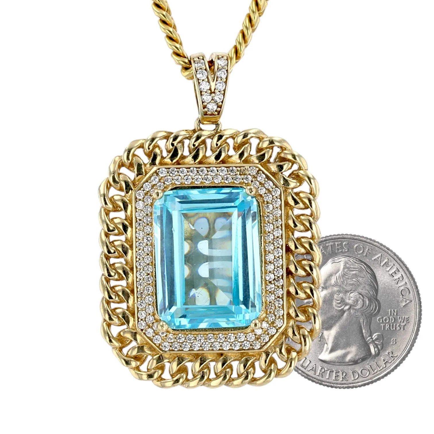 10K yellow gold solid miami Cuban link chain blue topaz pendant-223005