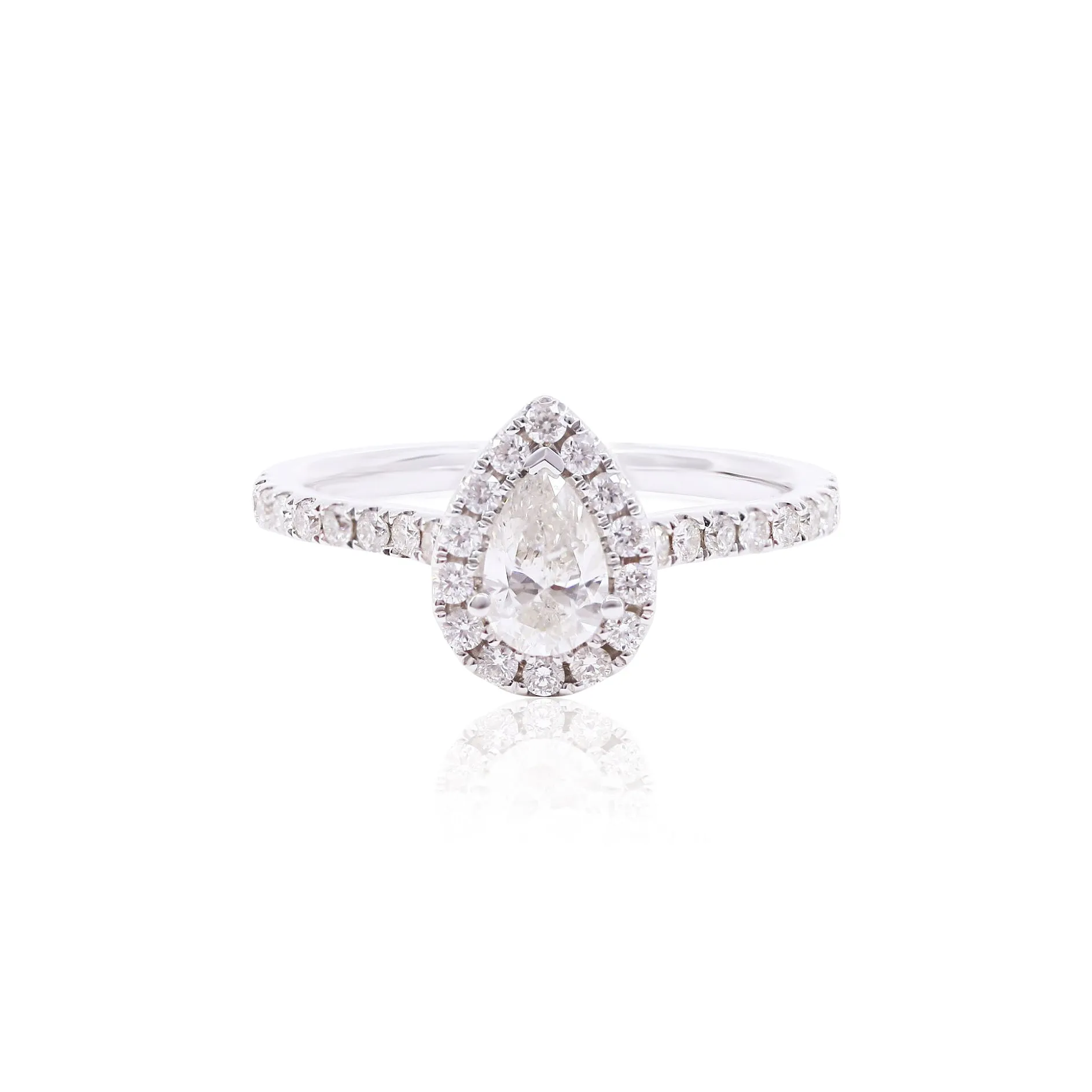 14K WHITE GOLD 0.52CT PEAR-SHAPE DIAMOND HALO ENGAGEMENT RING WITH DIAMOND ACCENTS 0.37CTW