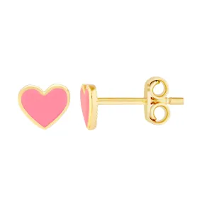 14K Yellow Gold Pink Enamel Heart Baby Stud Earrings