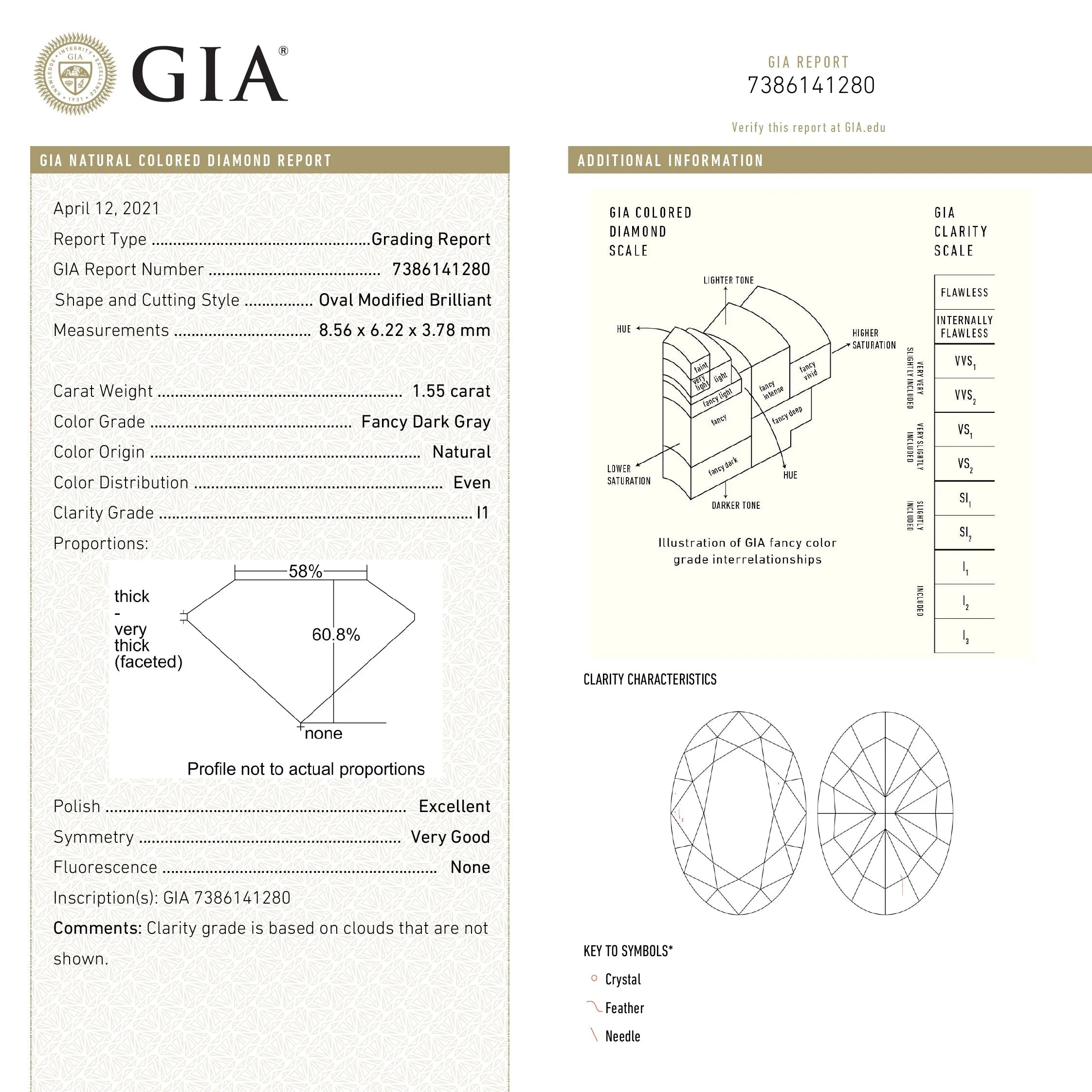 1.55ct 8.56x6.22x3.78mm GIA I1 Fancy Grey Oval Brilliant 19266-01