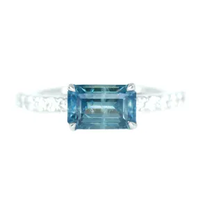 1.76ct Emerald Cut East-West Montana Sapphire and diamonds in White Gold Low Profile