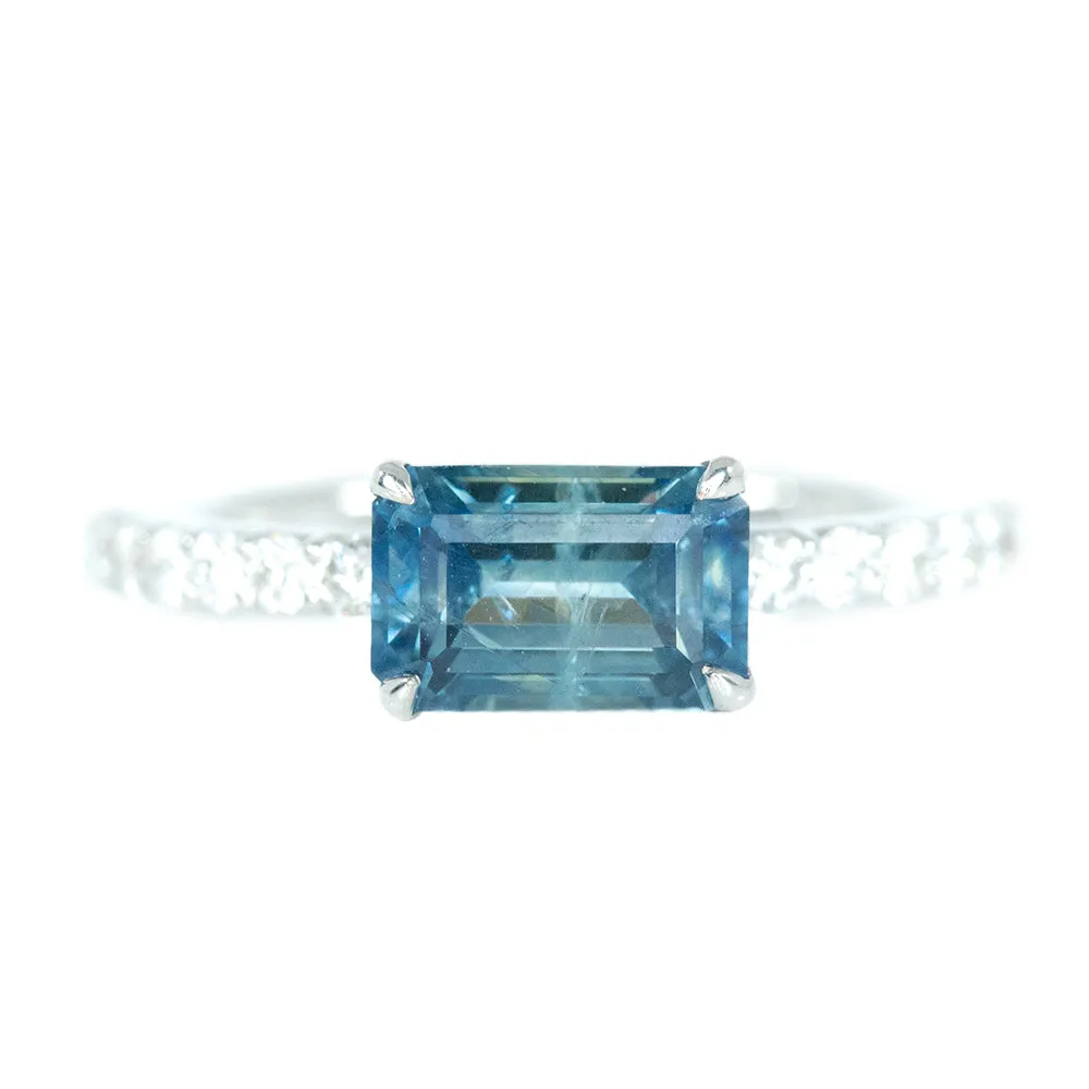 1.76ct Emerald Cut East-West Montana Sapphire and diamonds in White Gold Low Profile