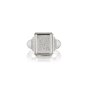 18K White Gold Pave Initial M Signet Ring