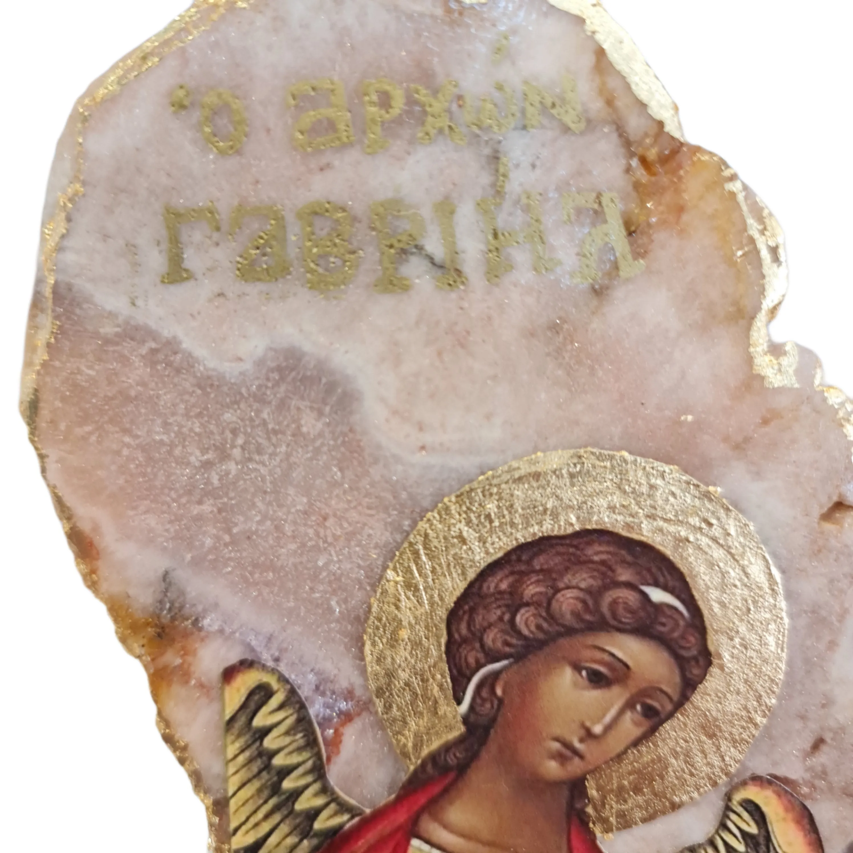 Archangel Gabriel Icon on Pink Amethyst Stone