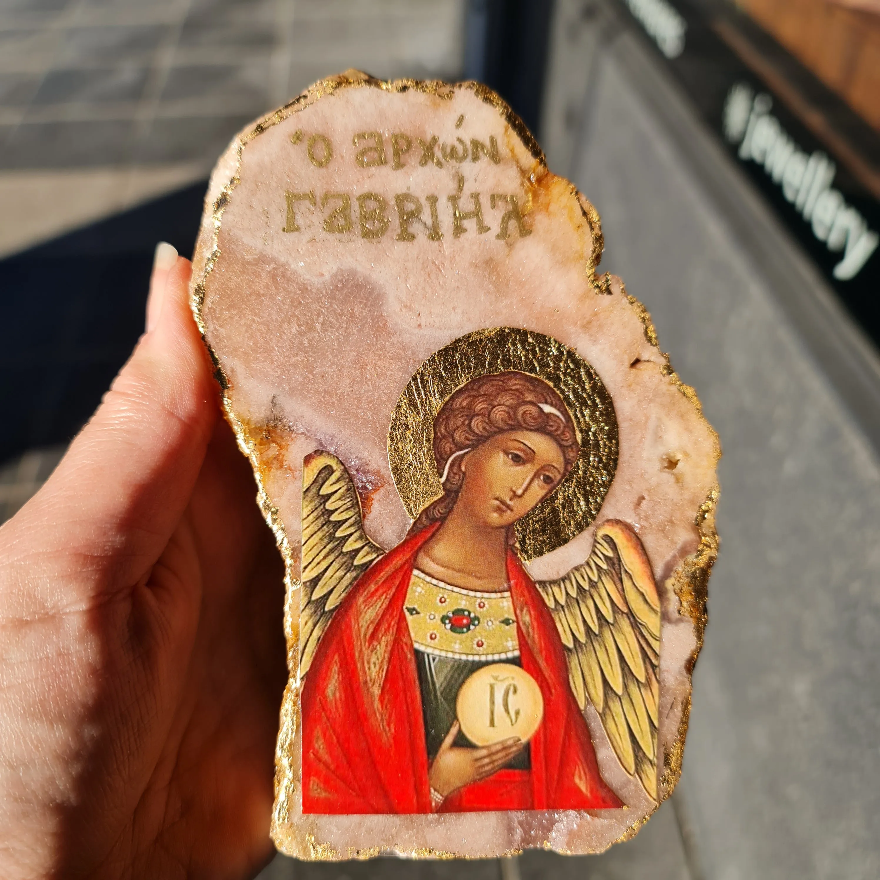 Archangel Gabriel Icon on Pink Amethyst Stone