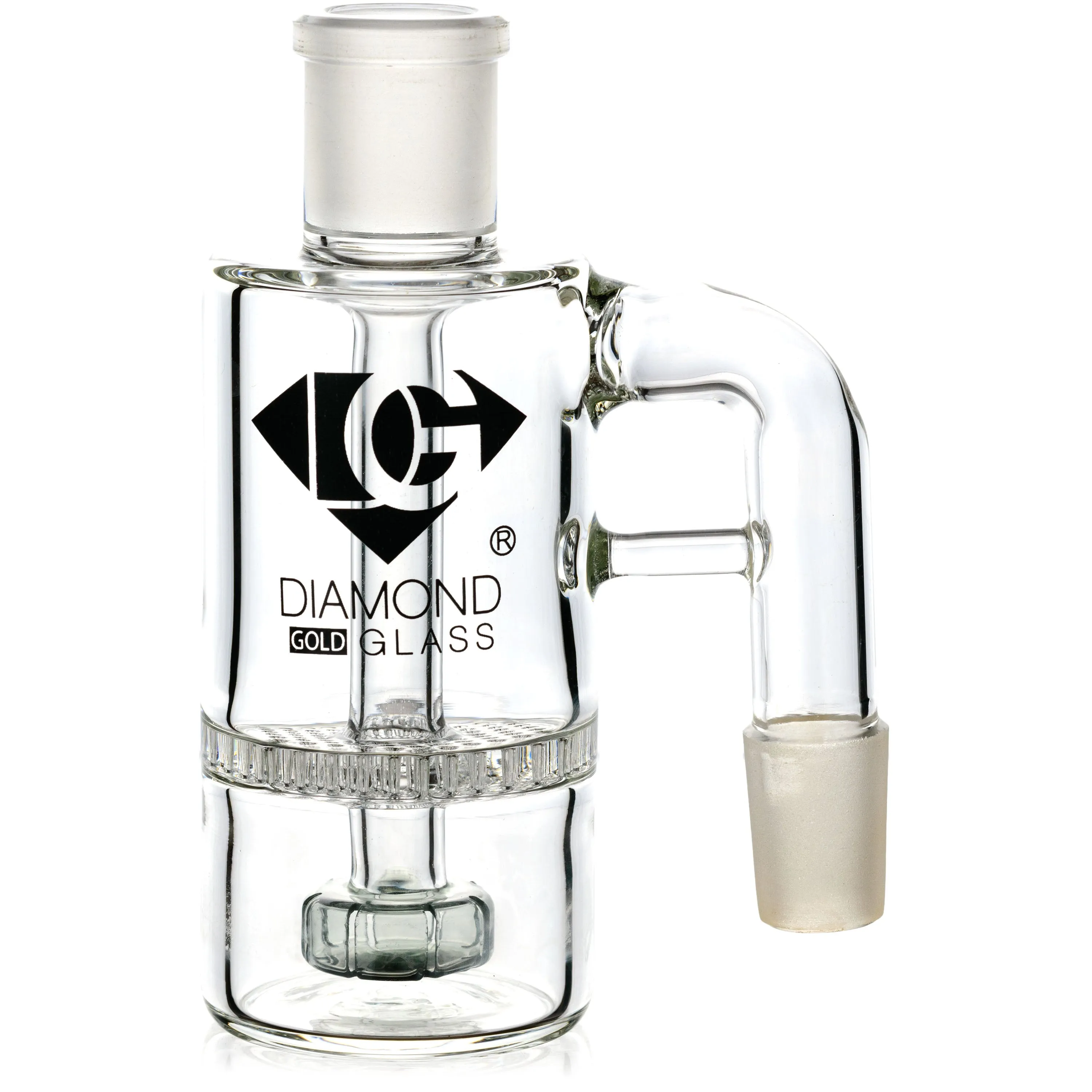 Ash Catcher w/ 18mm Joint, 90 Angle, Honeycomb to Showerhead, by Diamond Glass