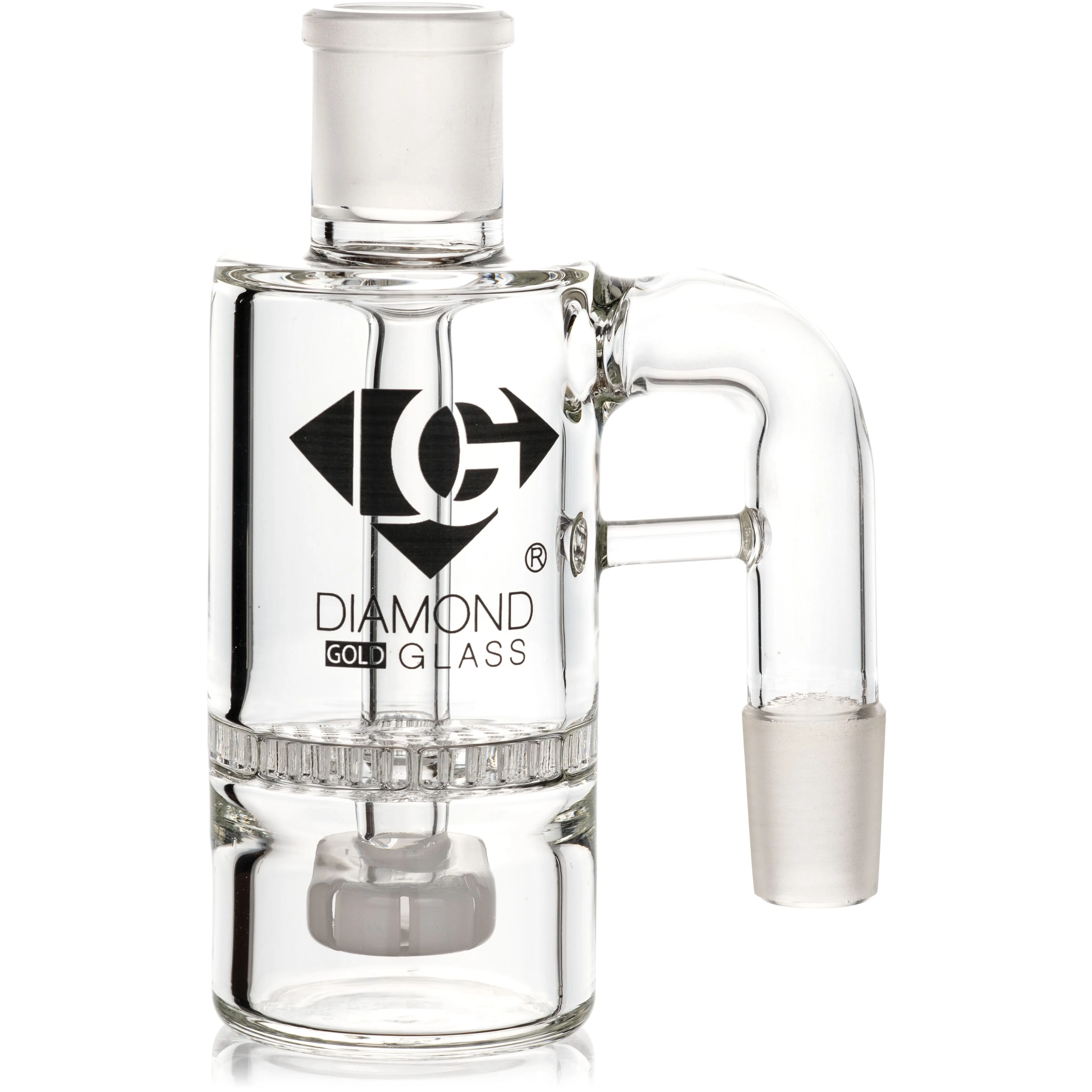 Ash Catcher w/ 18mm Joint, 90 Angle, Honeycomb to Showerhead, by Diamond Glass