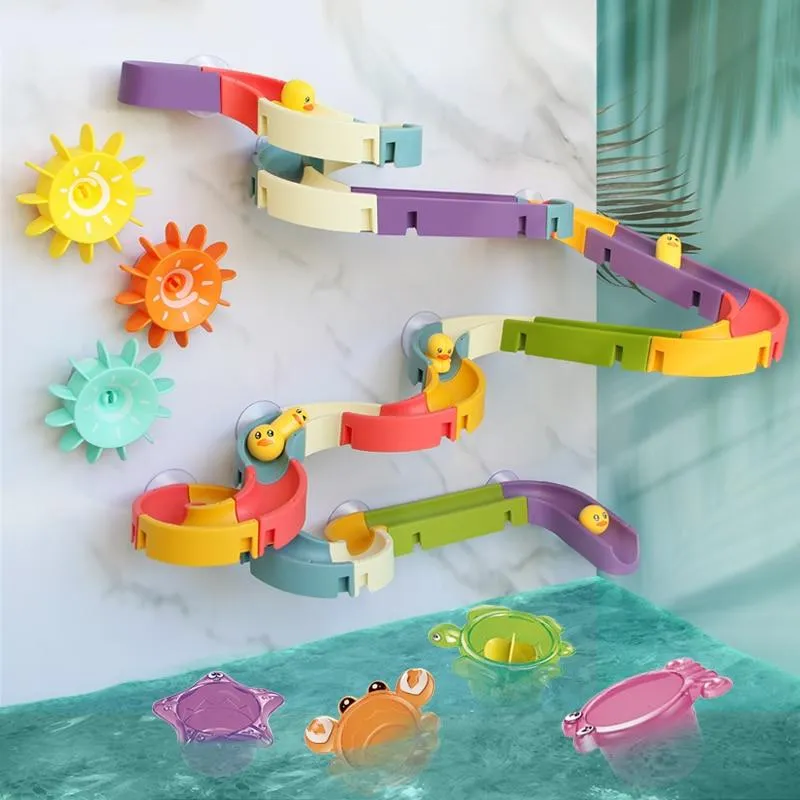 Baby Bath Toys DIY Marble Race Run Assembling Track Bathroom Bathtub Kids Play Water Spray Toy Set Stacking Cups For Children