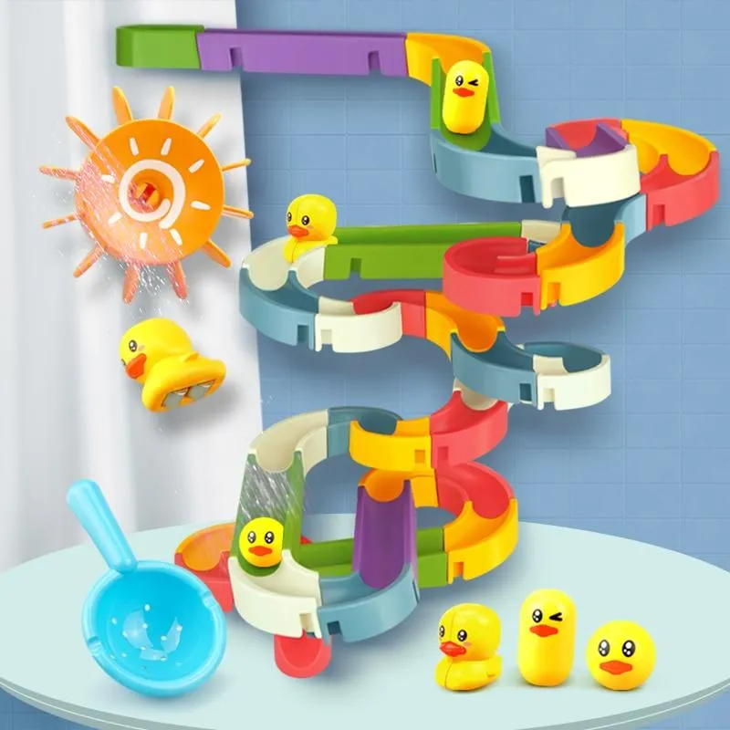 Baby Bath Toys DIY Marble Race Run Assembling Track Bathroom Bathtub Kids Play Water Spray Toy Set Stacking Cups For Children