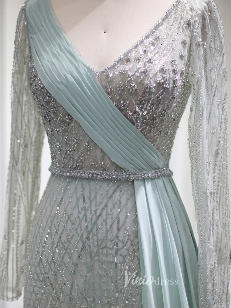 Beaded Light Green Sheath Prom Dresses Long Sleeve Overskirt Evening Dress 20086