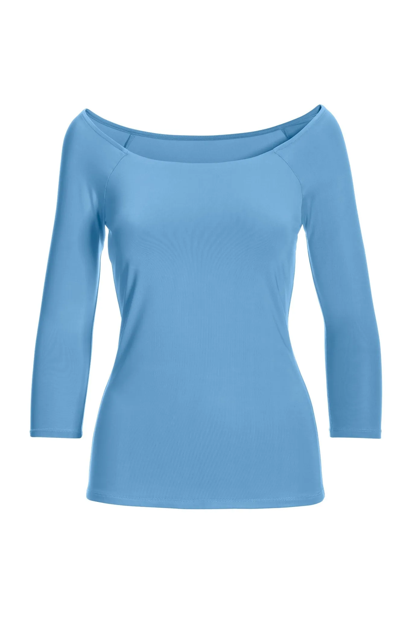 Boat Neck Three Quarter Sleeve Sculpting Top Sky Blue