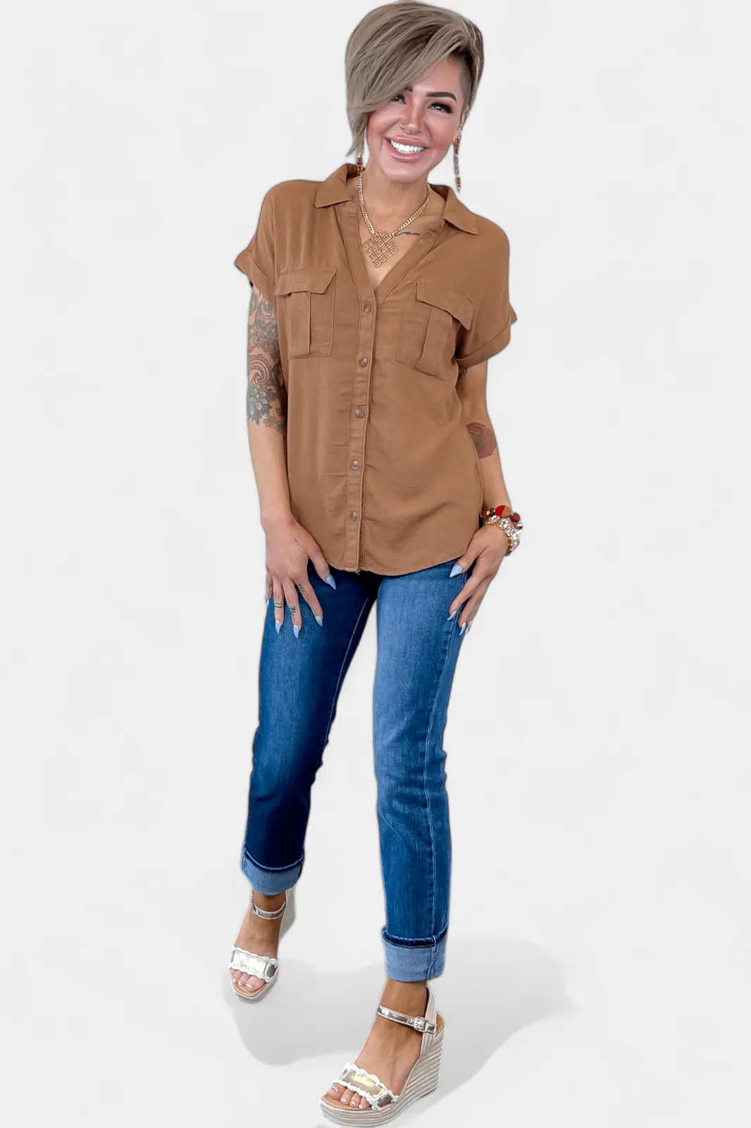 Camel Linen Button Down Top