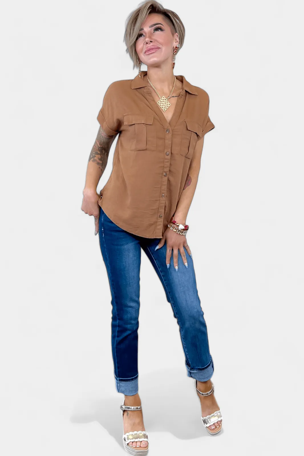 Camel Linen Button Down Top