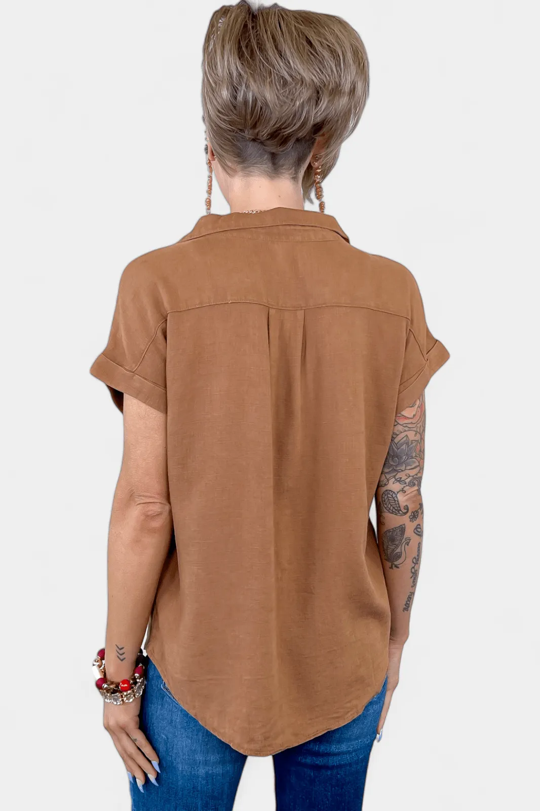 Camel Linen Button Down Top