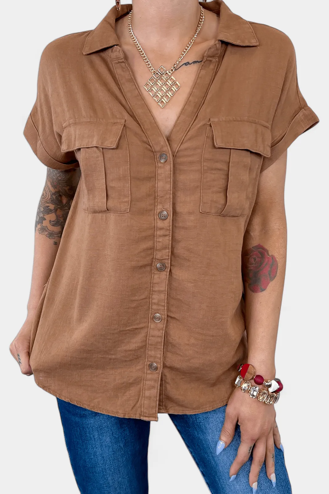 Camel Linen Button Down Top