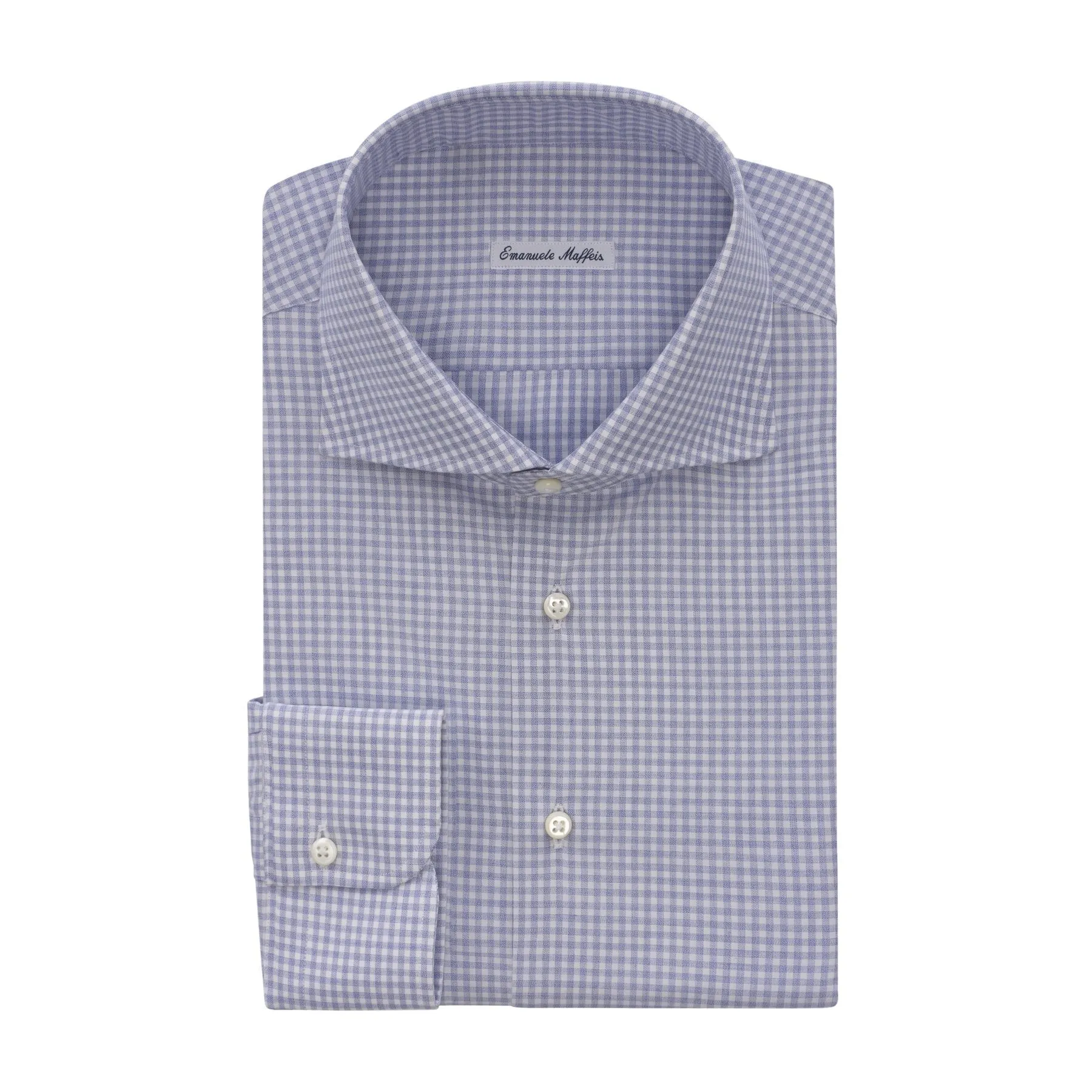 Checked Cotton Light Blue Shirt with Cutaway Collar