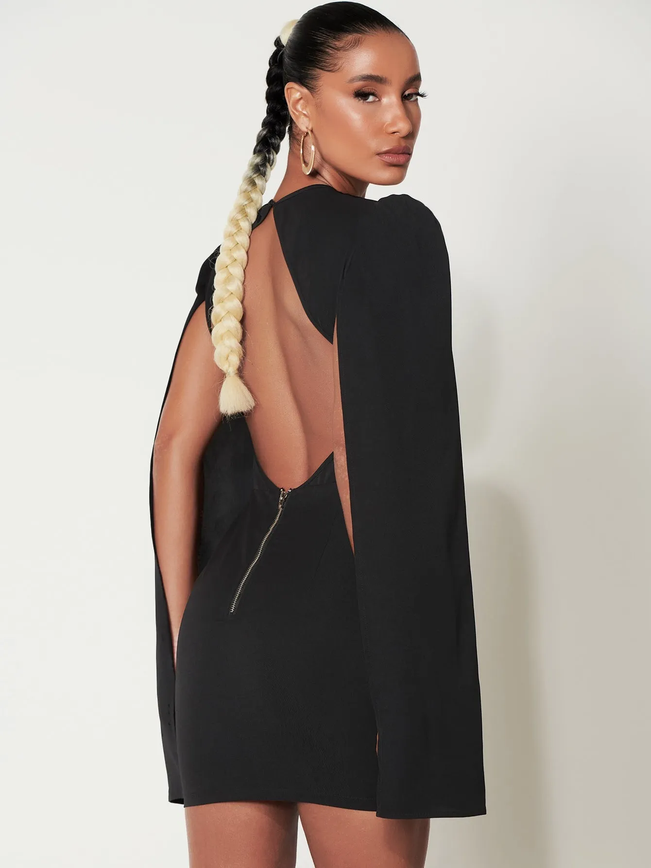 Cloak Sleeve Open Back O ring Zip Up Dress