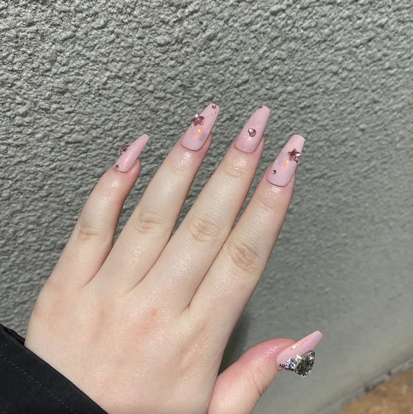 【Customize-made for 35 Days】Pretty Pink Star Heart Diamond Nails - Kimi