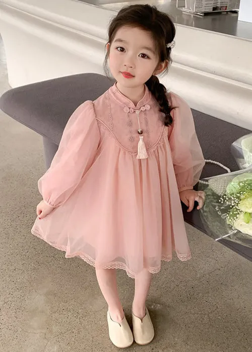 Cute Pink Stand Collar Tulle Kids Girls Dress Long Sleeve XZ057