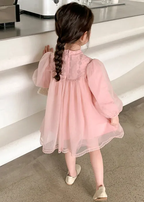 Cute Pink Stand Collar Tulle Kids Girls Dress Long Sleeve XZ057