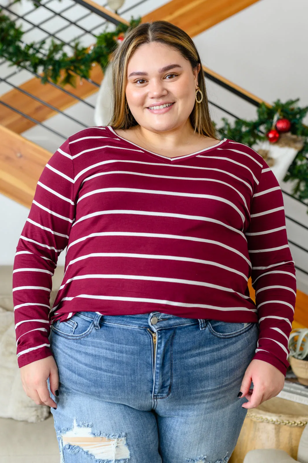 Erika Striped V-Neck Long Sleeve Top in Burgundy