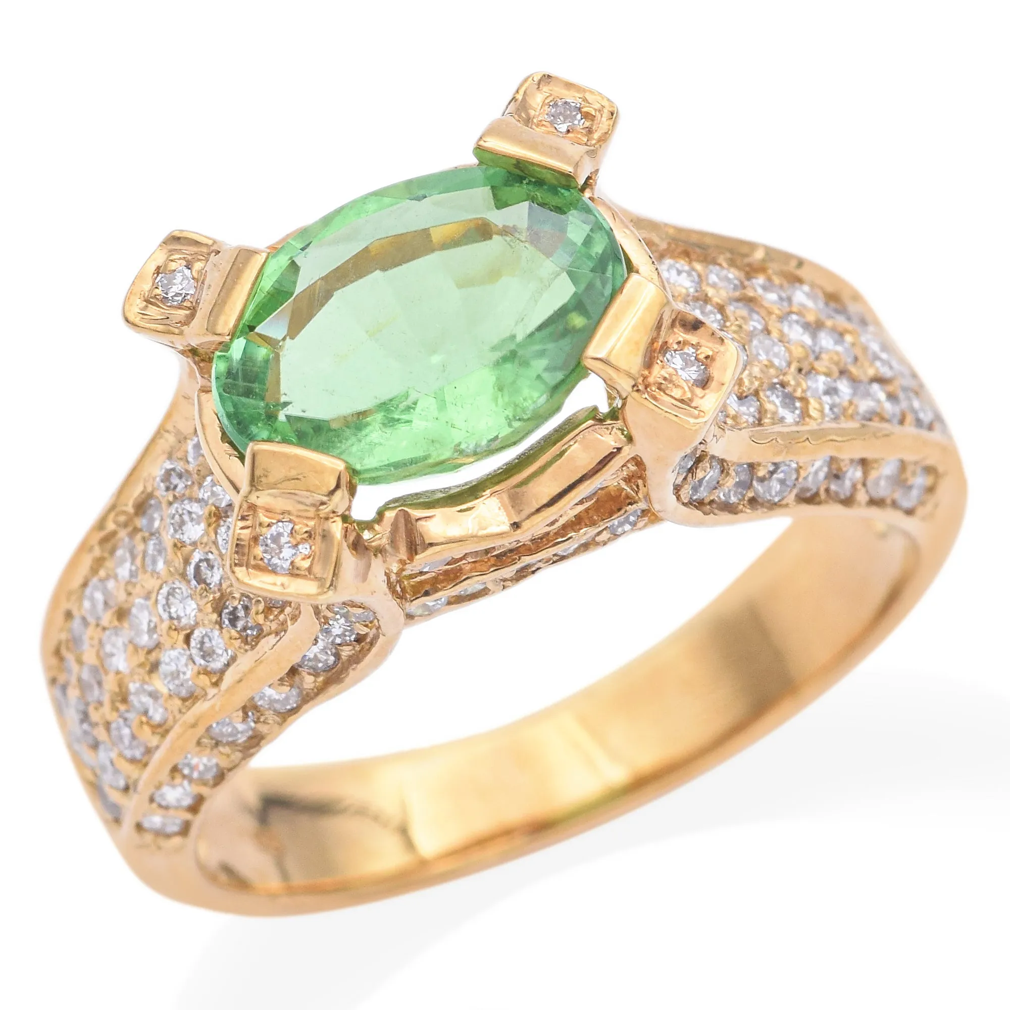 Estate 18K Gold Green Cuprian Elbaite Tourmaline & 1.10TCW Diamond Band Ring