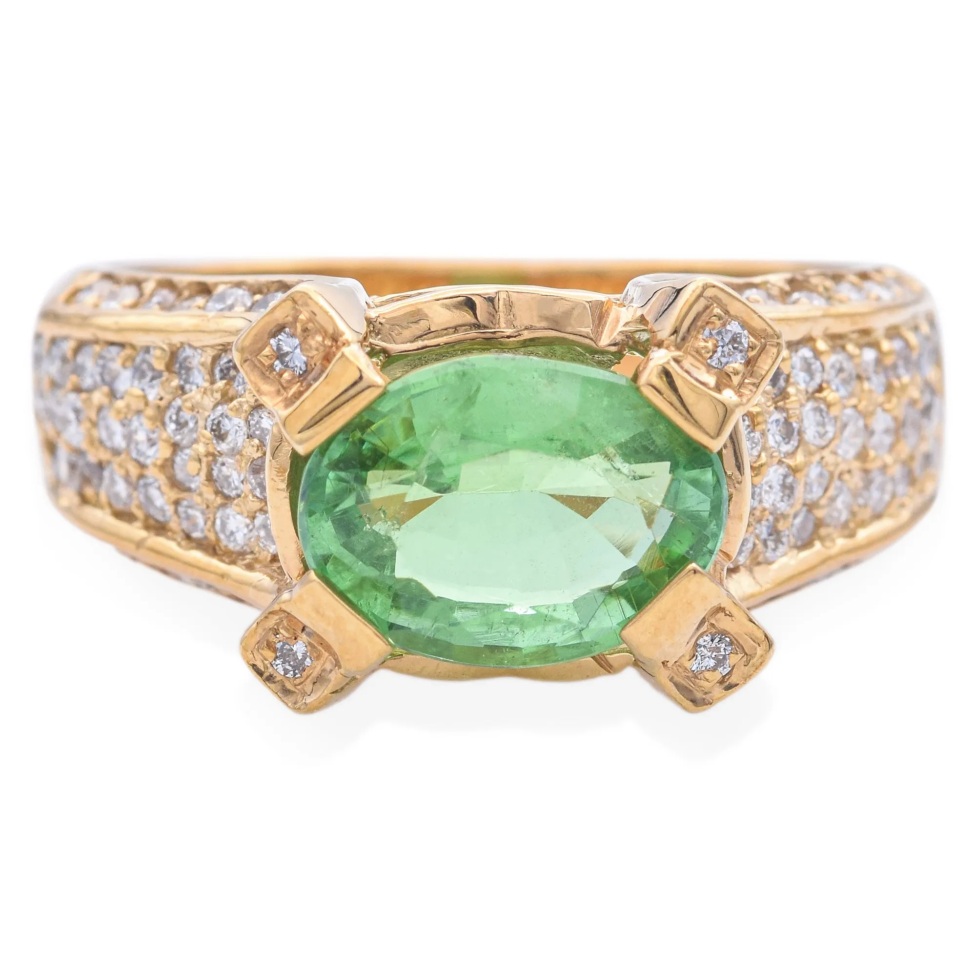 Estate 18K Gold Green Cuprian Elbaite Tourmaline & 1.10TCW Diamond Band Ring