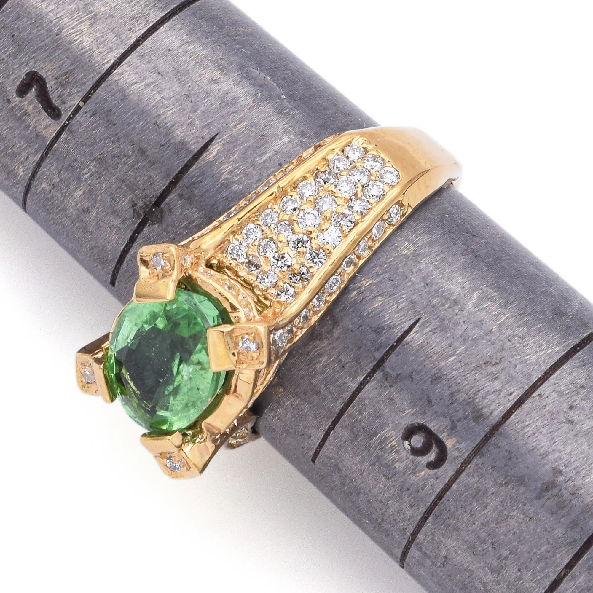 Estate 18K Gold Green Cuprian Elbaite Tourmaline & 1.10TCW Diamond Band Ring