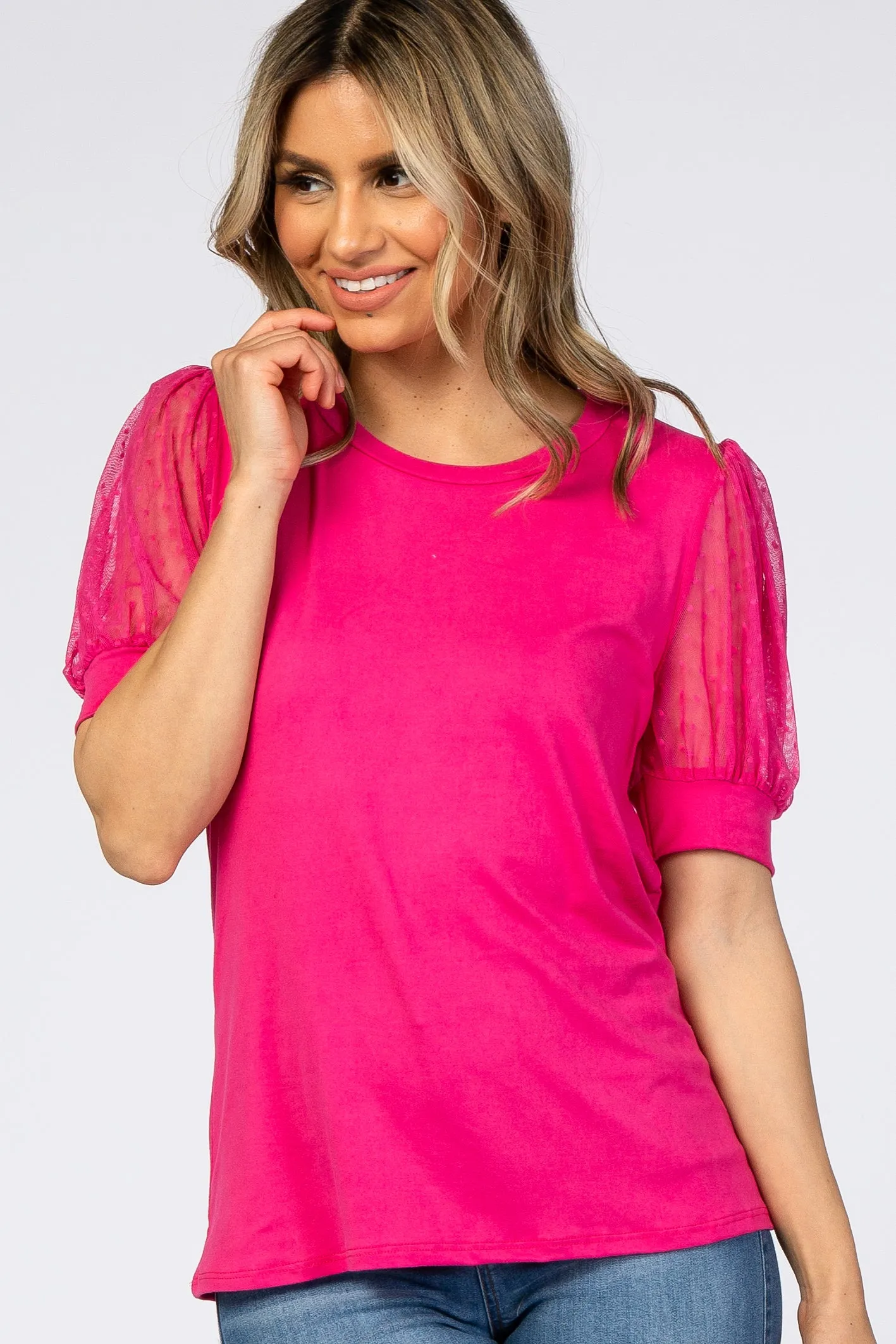 Fuchsia Mesh Sleeve Maternity Top