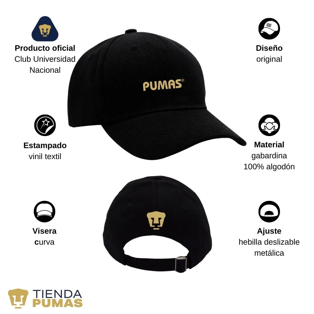 Gorra Pumas UNAM Hombre Mujer Ajustable Logo Dorado 2 Vinil