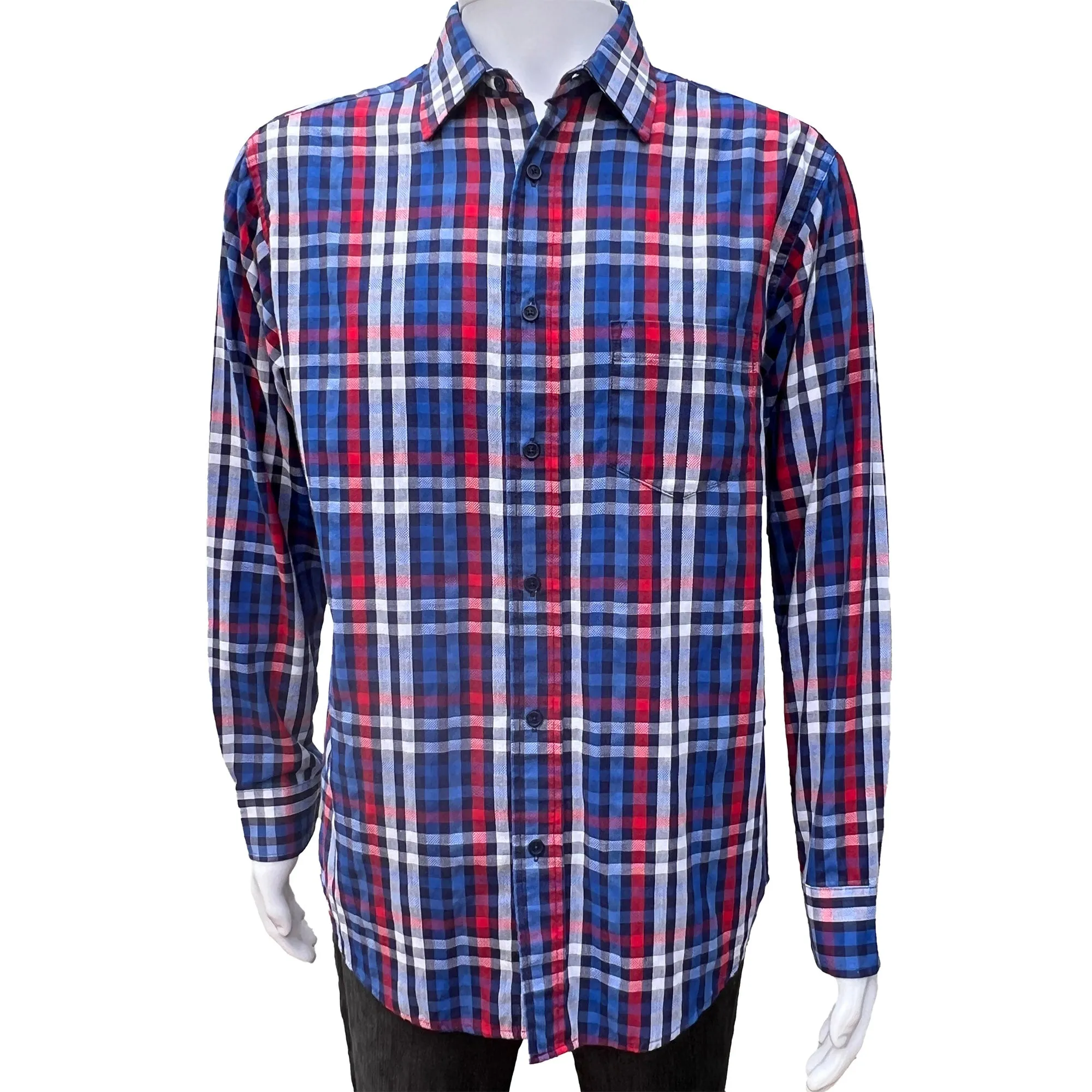 Haggar Red, White and Blue Plaid Button Down Casual Shirt - Medium