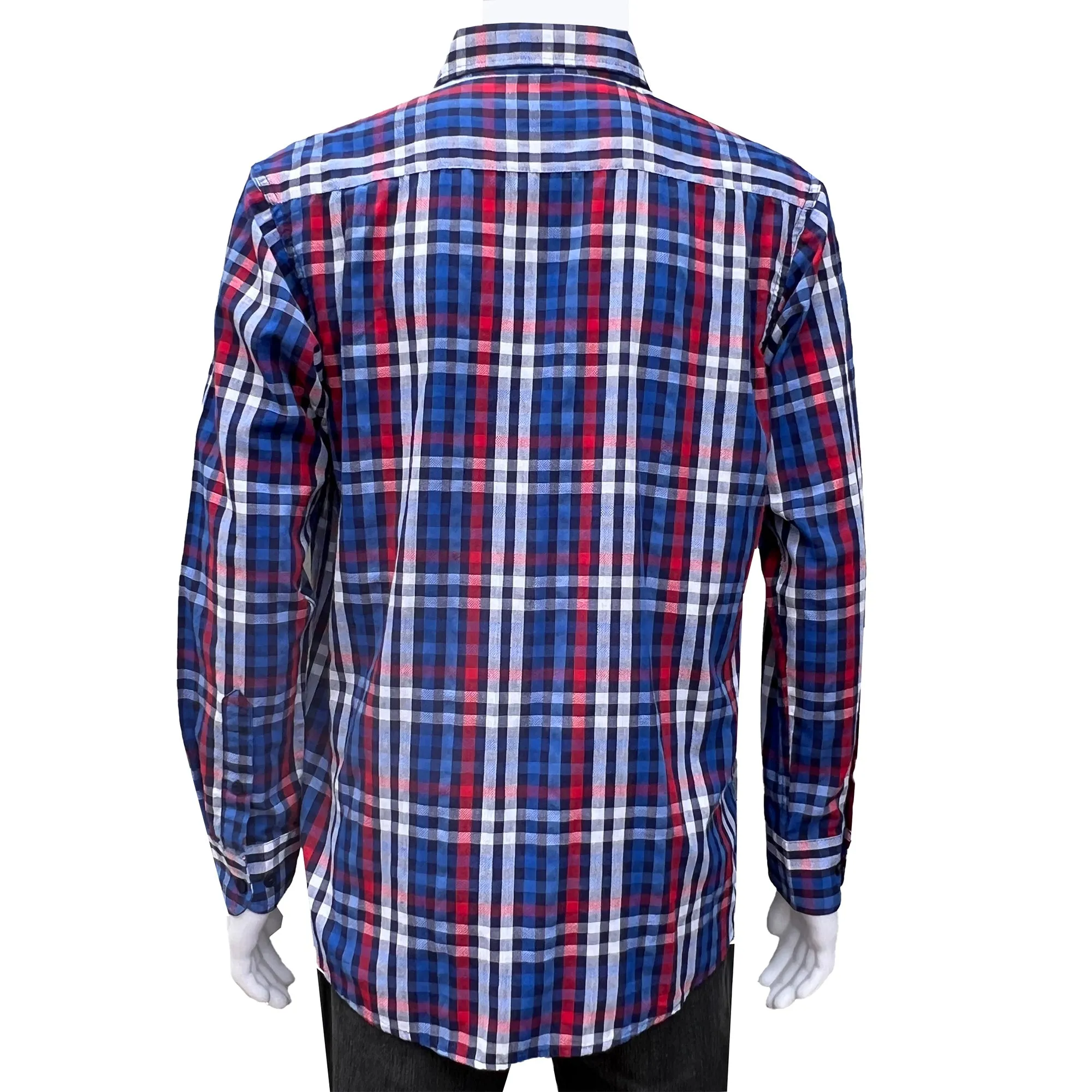 Haggar Red, White and Blue Plaid Button Down Casual Shirt - Medium