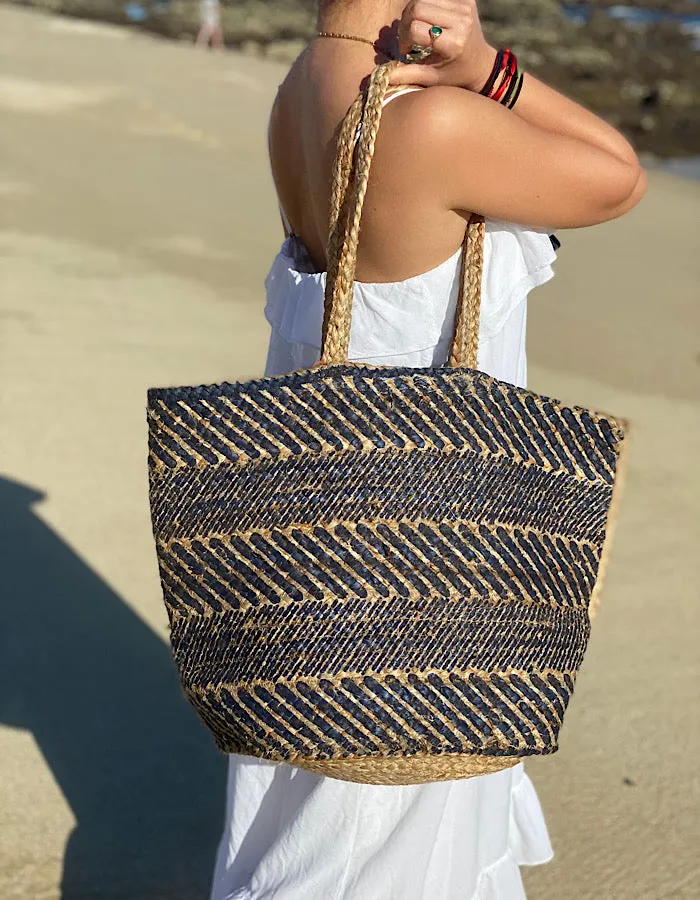 Jute Tote Blue Print Stripes