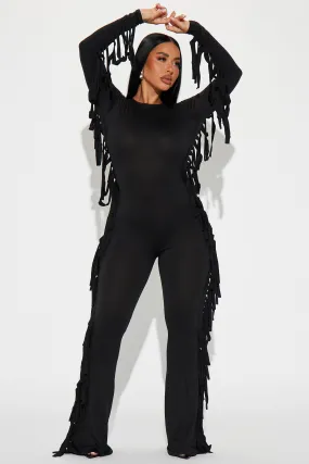 Keeping Tabs Fringe Jumpsuit - Black