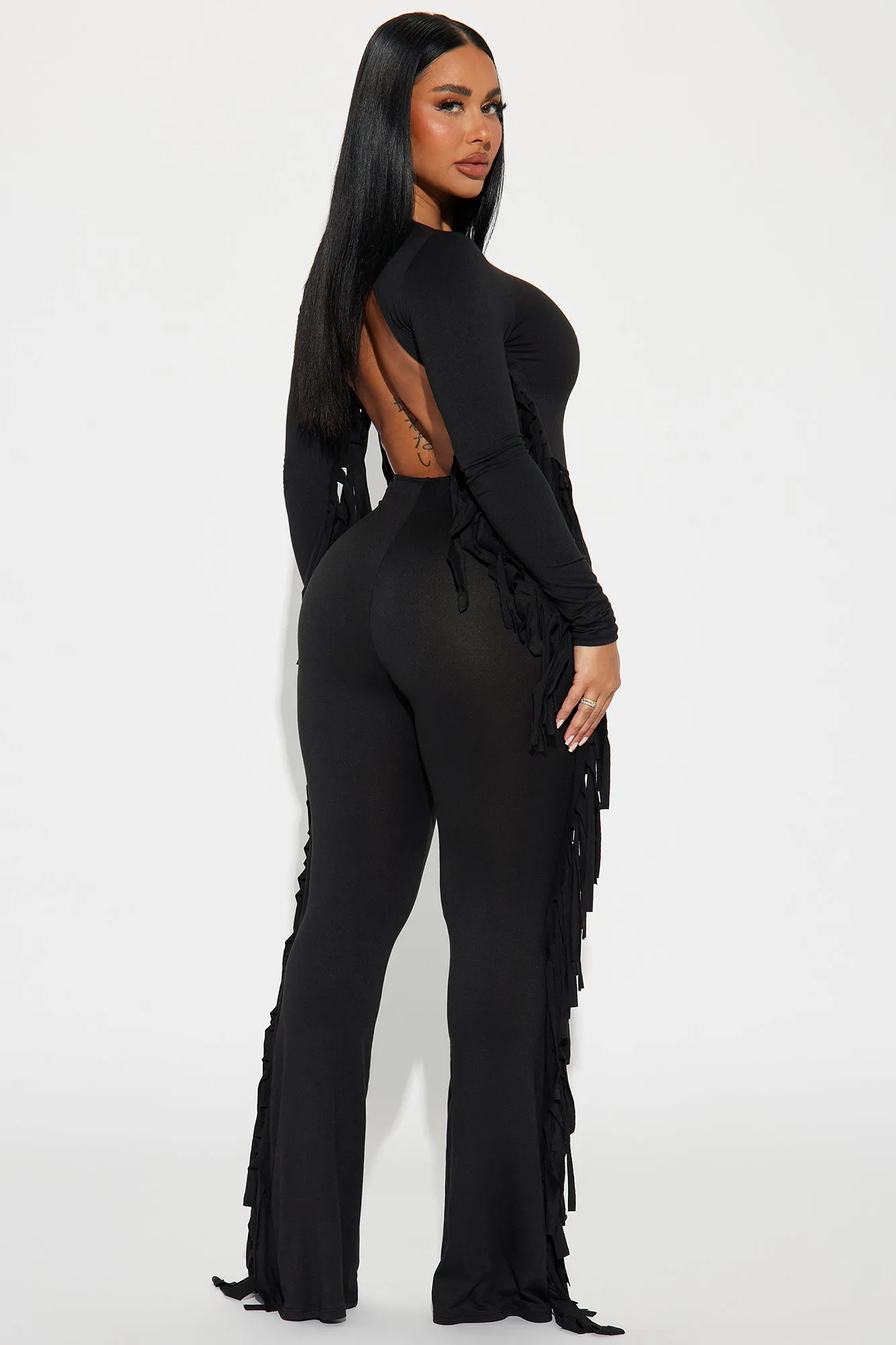 Keeping Tabs Fringe Jumpsuit - Black