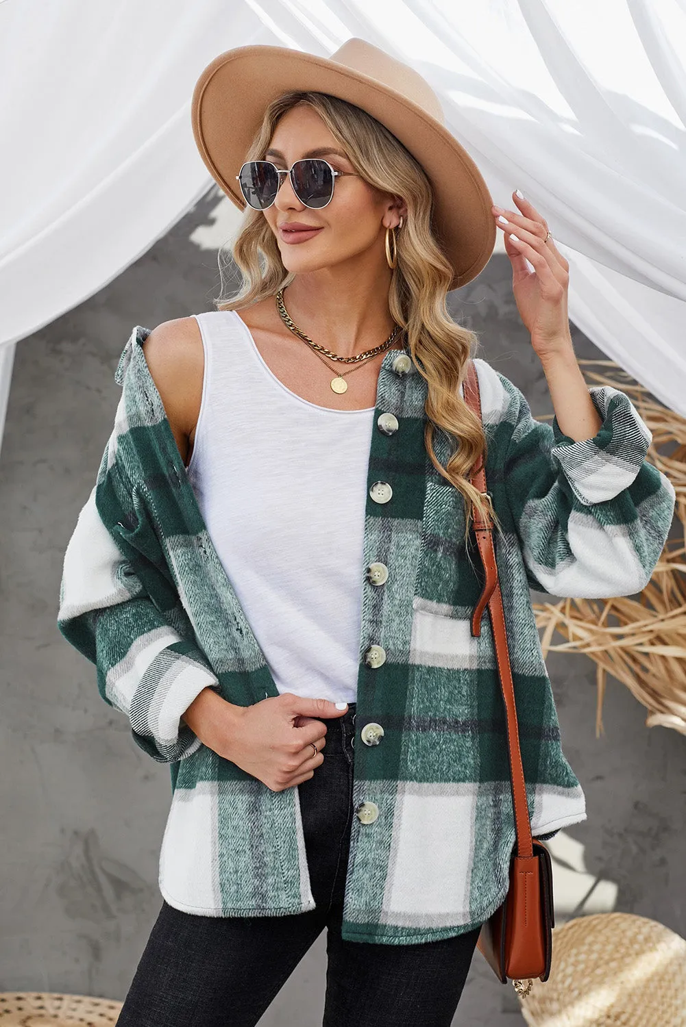 Khaki Plaid Color Block Buttoned Long Sleeve Jacket with Pocket