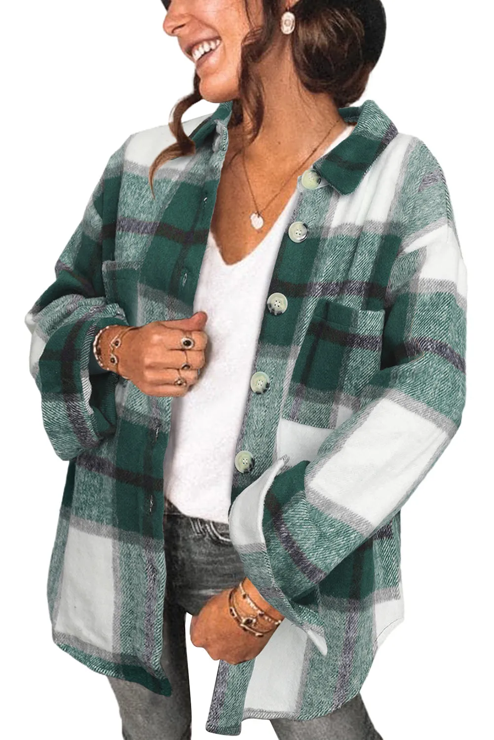 Khaki Plaid Color Block Buttoned Long Sleeve Jacket with Pocket