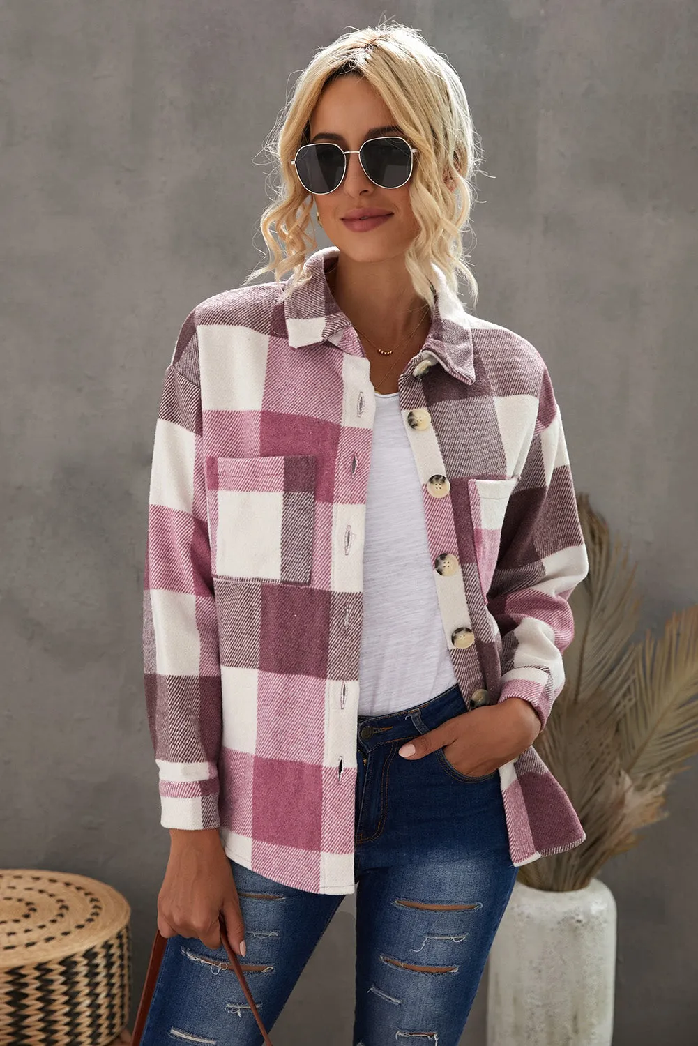 Khaki Plaid Color Block Buttoned Long Sleeve Jacket with Pocket