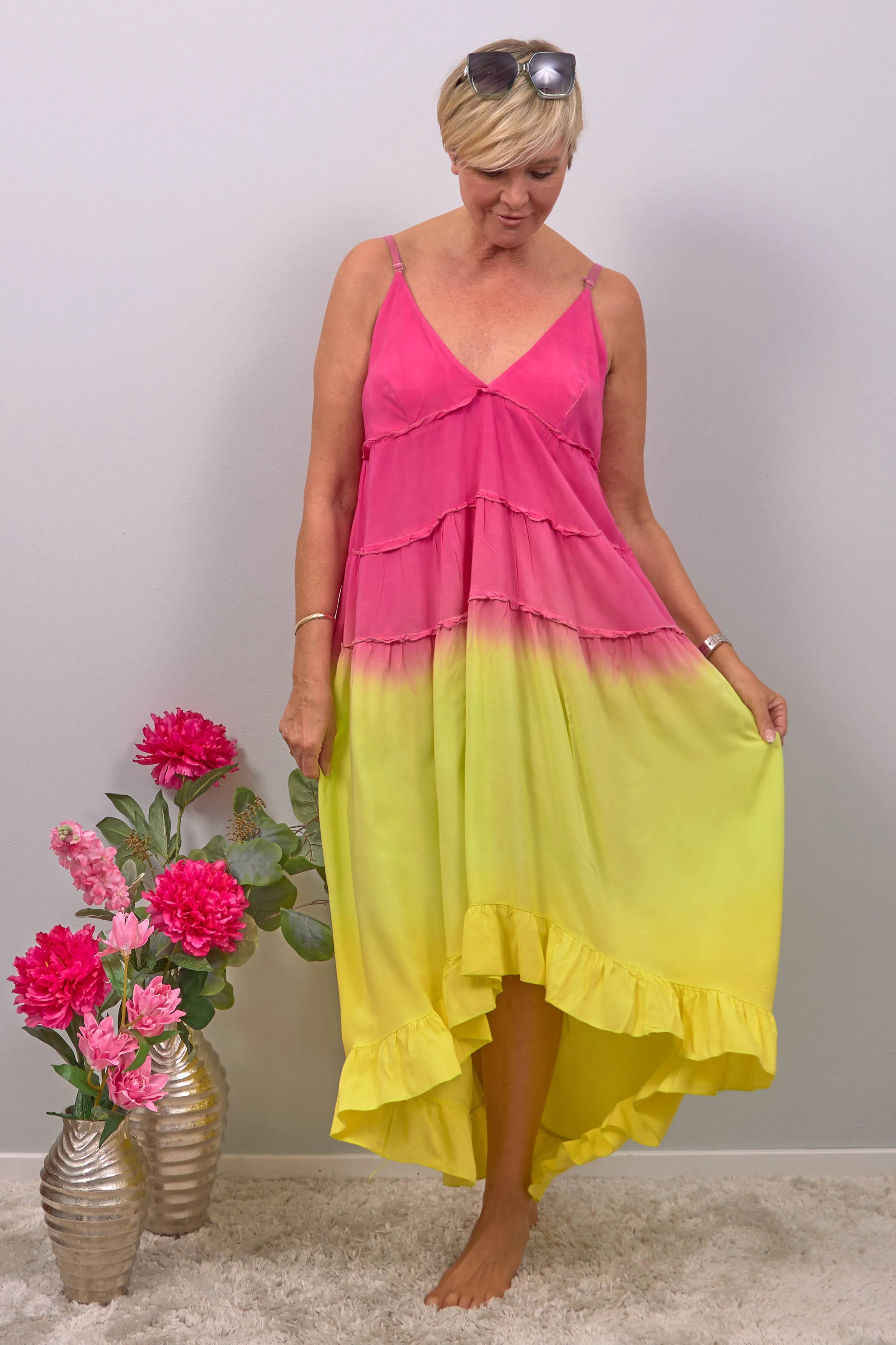 Langes Kleid mit Farbverlauf, pink-gelb