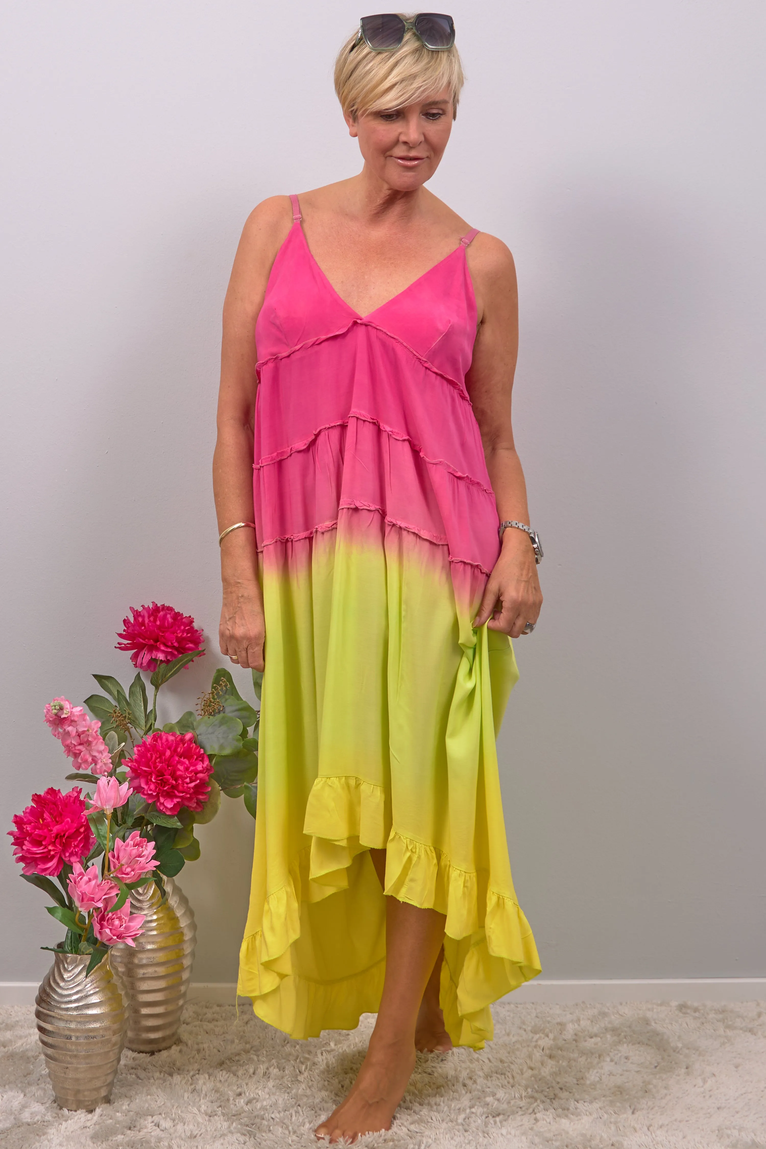 Langes Kleid mit Farbverlauf, pink-gelb