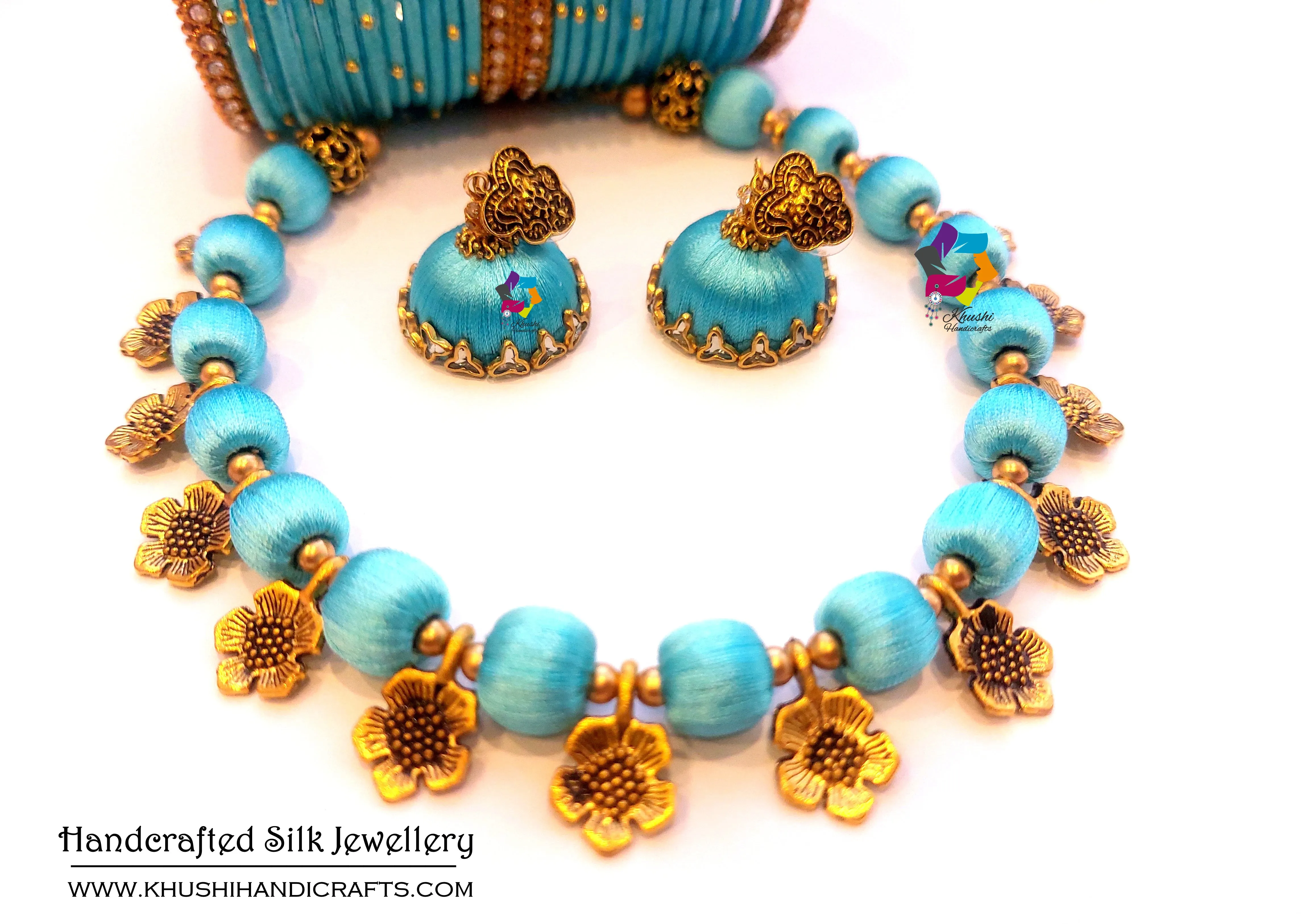 Light blue Silk Thread Necklace set with lovely set of Bangles