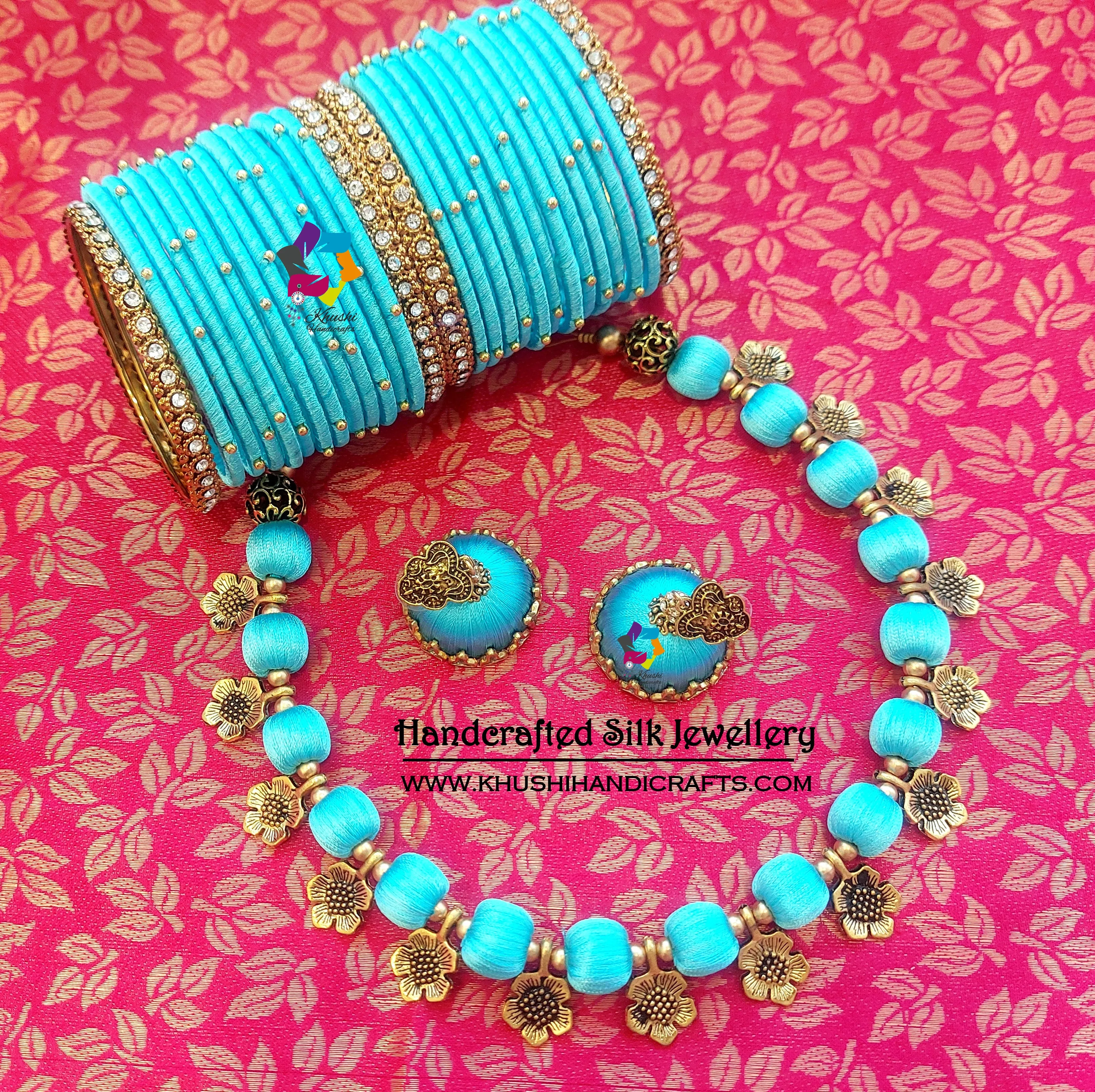 Light blue Silk Thread Necklace set with lovely set of Bangles