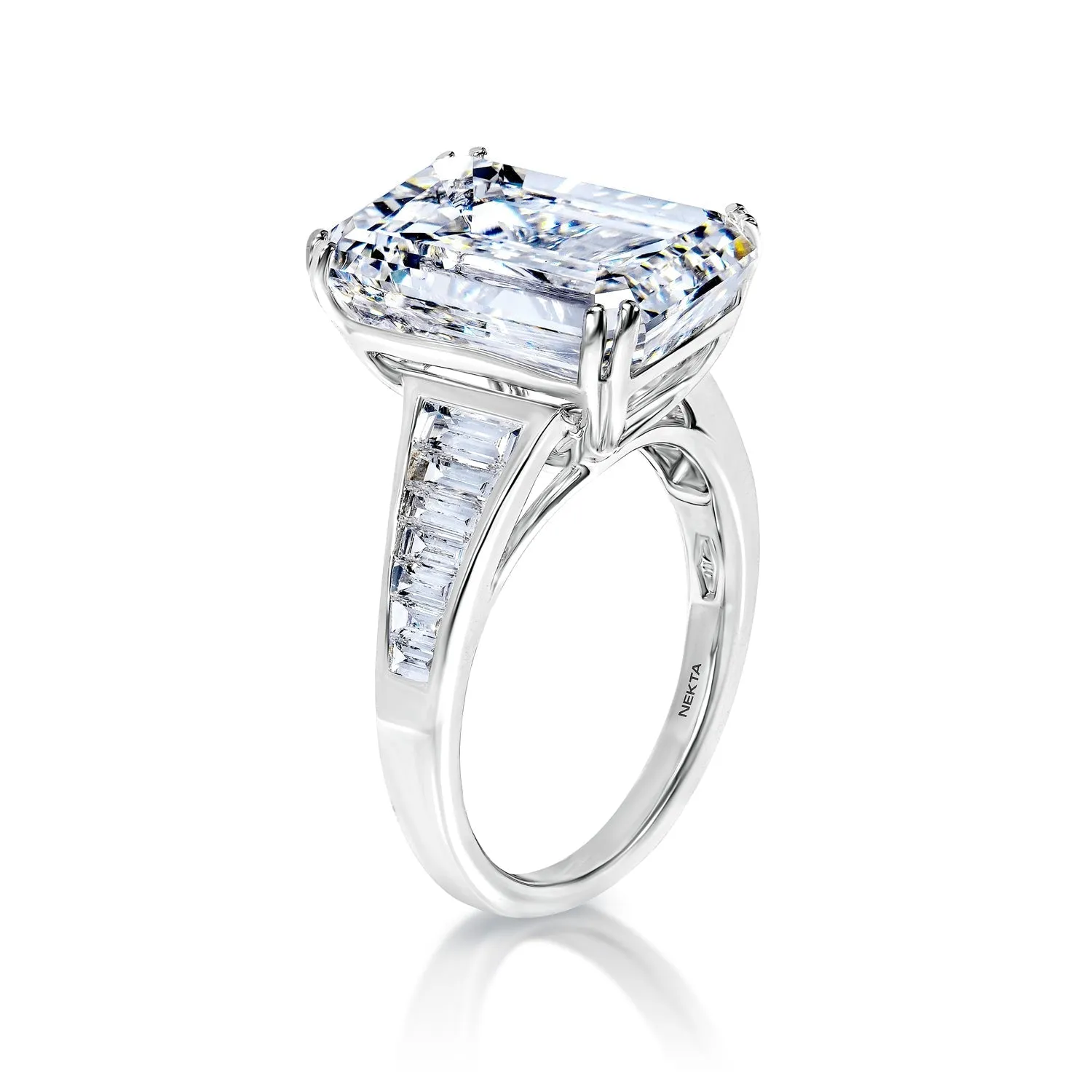 Lizzy 11 Carat F VS2 Emerald Cut Lab Grown Diamond Engagement Ring in 18k White Gold. GIA Certified