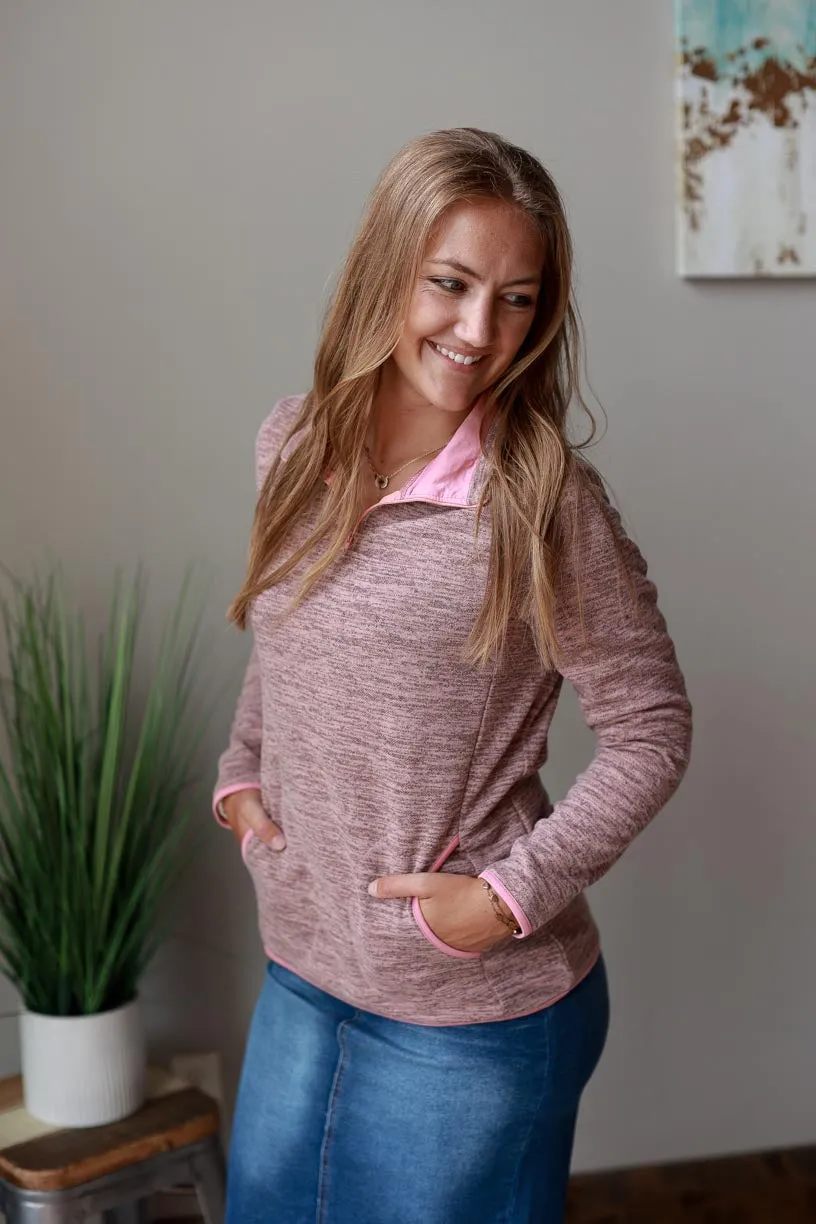 Mauve Heathered Quarter Zip Top • L or XL