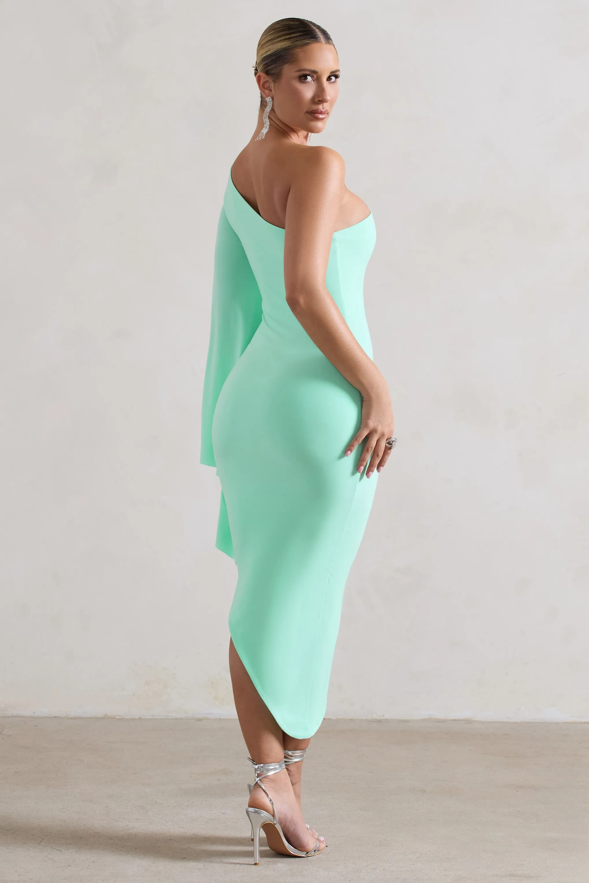 My Level | Mint Asymmetric Midi Dress With Cape Sleeve