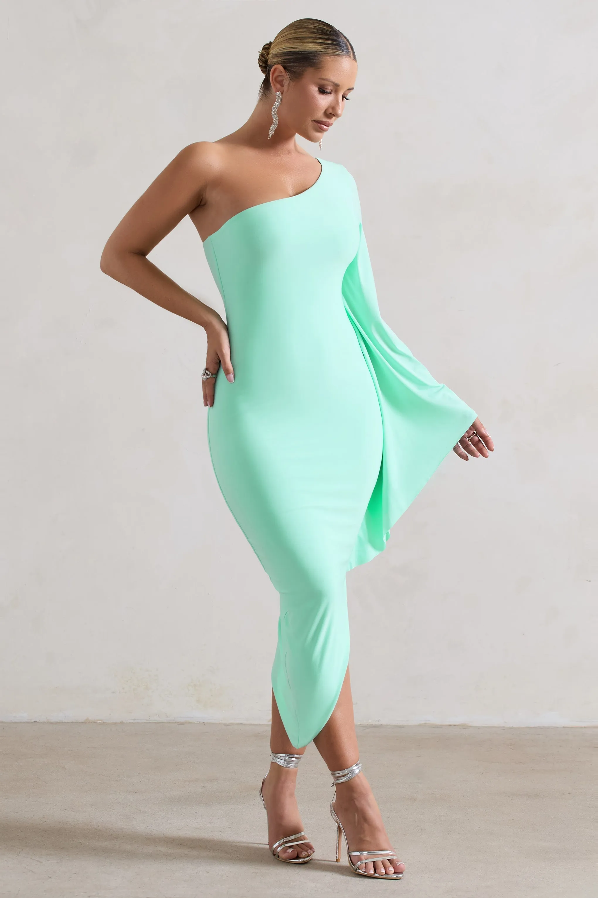 My Level | Mint Asymmetric Midi Dress With Cape Sleeve