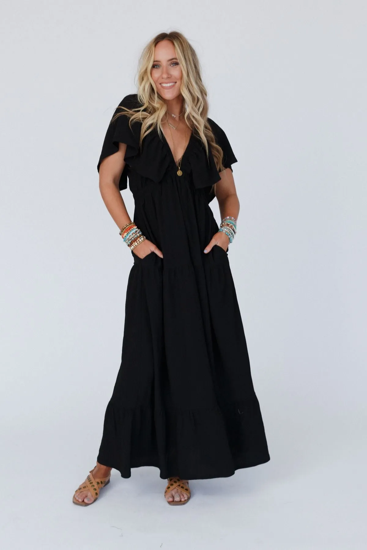 On Repeat Textured Open Back Ruffle Maxi Dress - Black