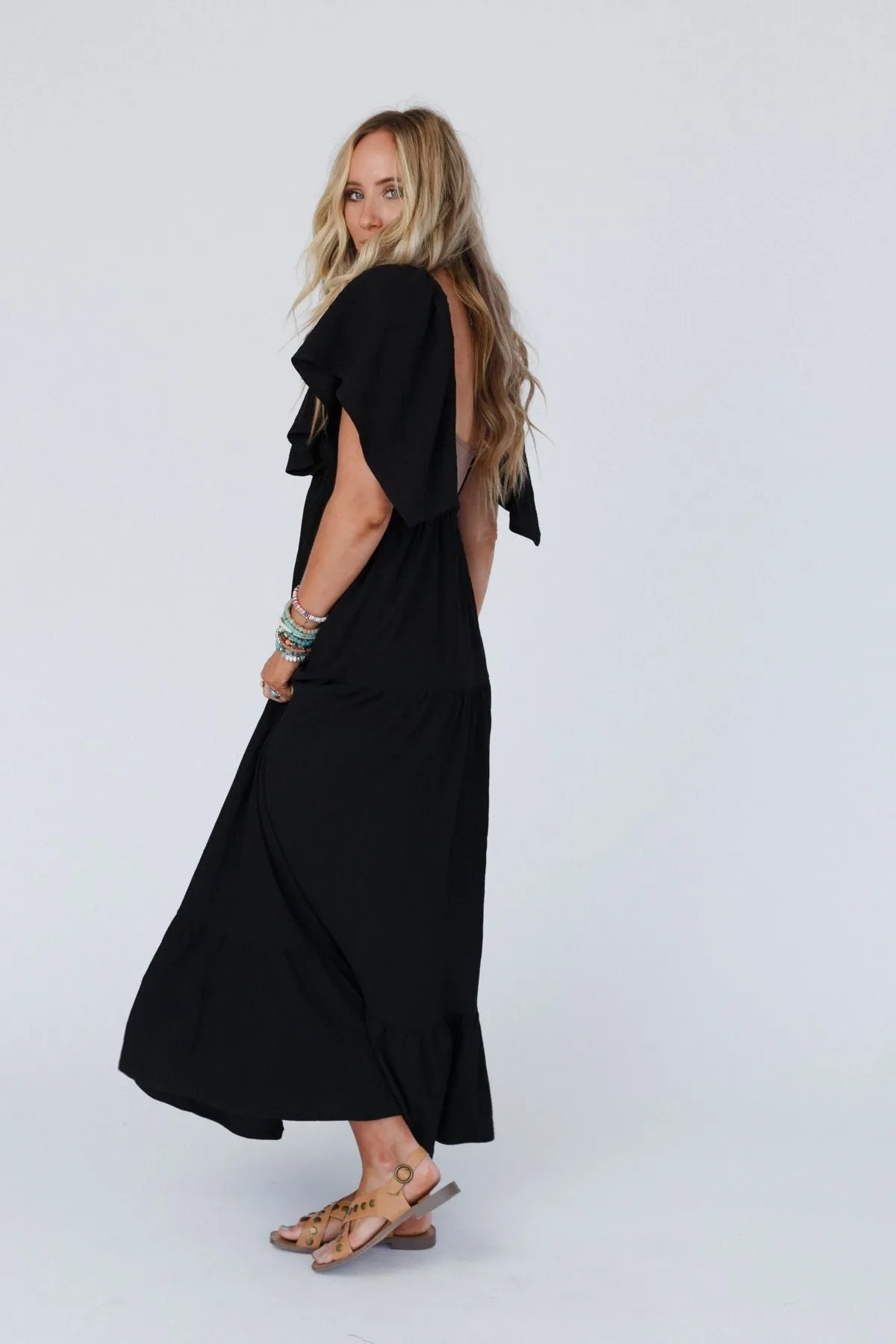 On Repeat Textured Open Back Ruffle Maxi Dress - Black