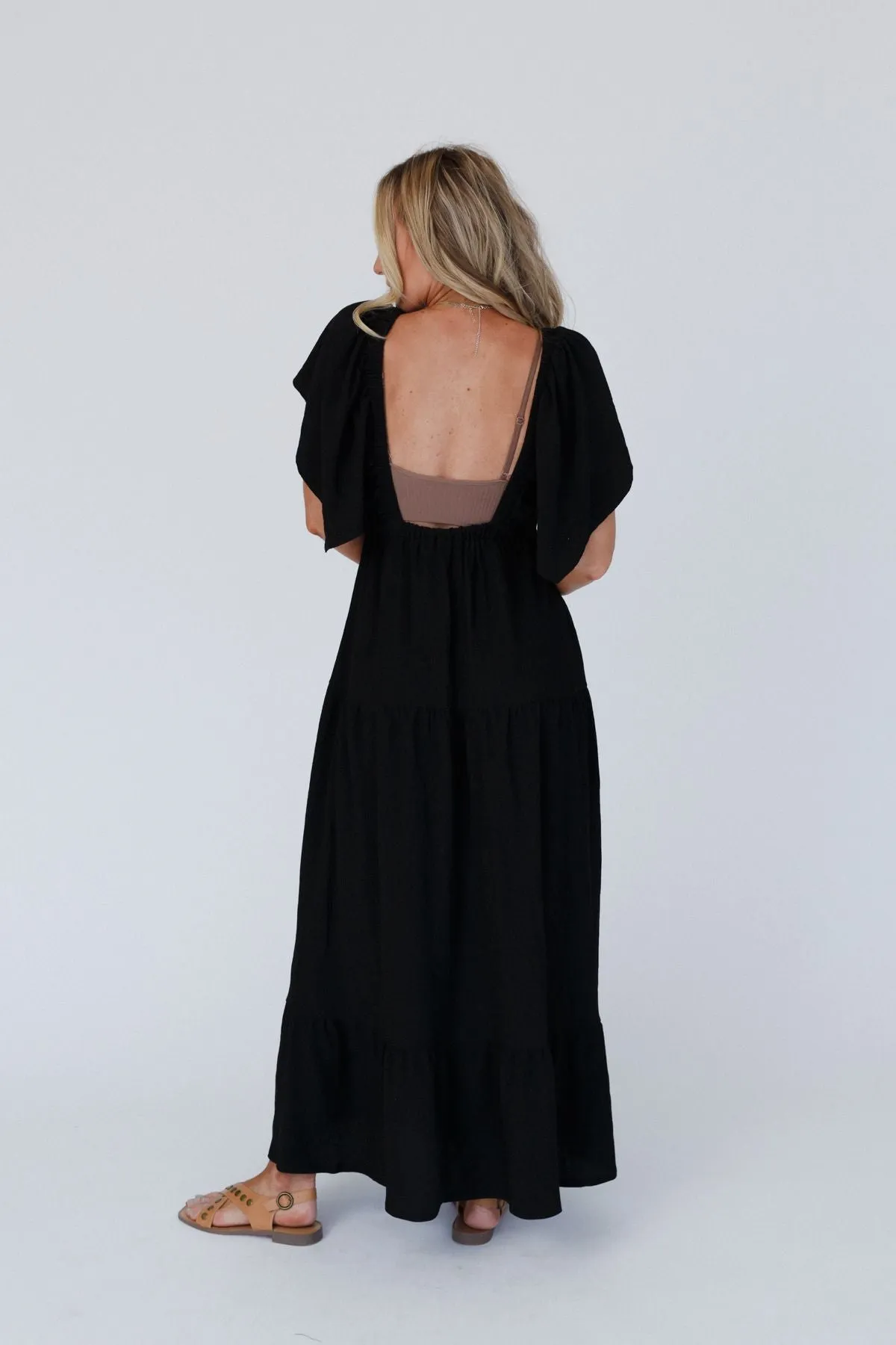 On Repeat Textured Open Back Ruffle Maxi Dress - Black