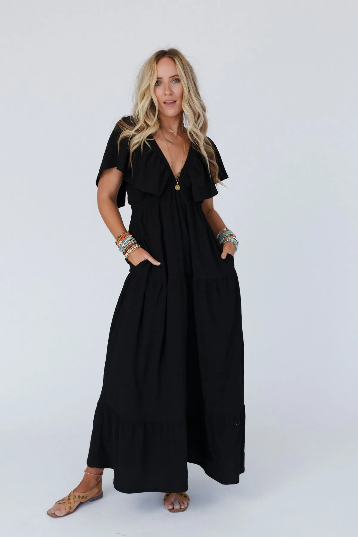 On Repeat Textured Open Back Ruffle Maxi Dress - Black